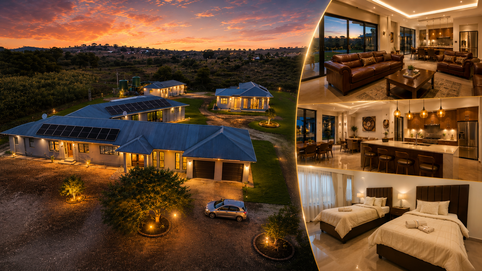 The Estate BnB at sunset with aerial view and luxury interiors